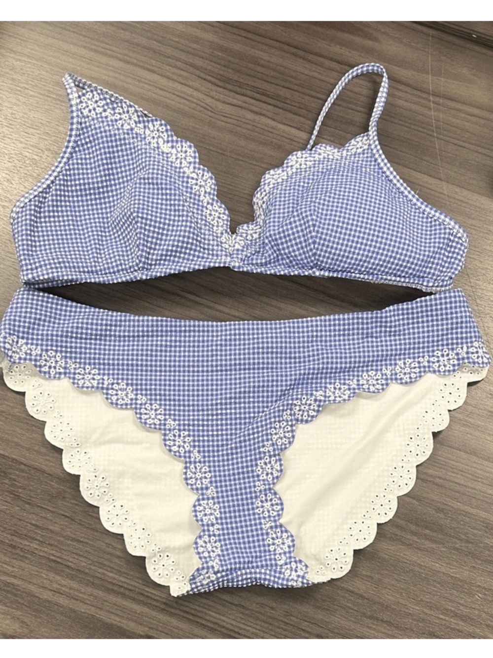 J.Crew Blue and White Gingham Lace Trim Bikini Set - Picture 2 of 4